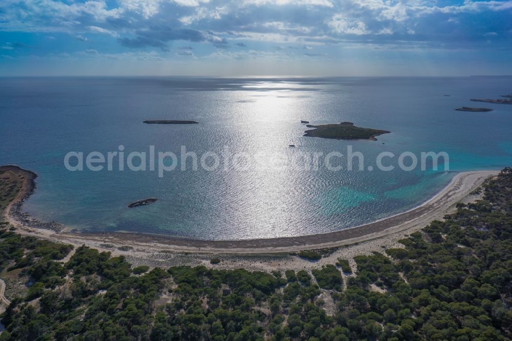 Aerial image Ses Salines - Beach of Ses Salines on the Mediterranean coast of the Spanish Balearic island of Mallorca in Spain