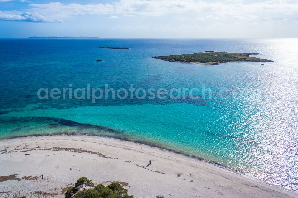 Ses Salines from the bird's eye view: Beach of Ses Salines on the Mediterranean coast of the Spanish Balearic island of Mallorca in Spain