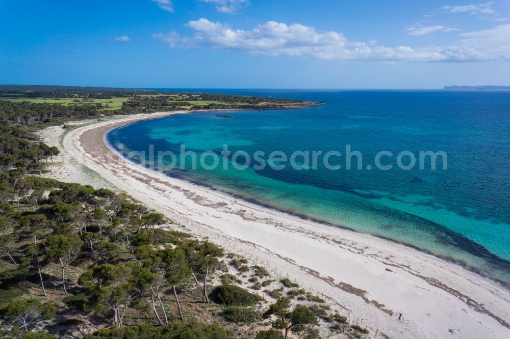 Aerial image Ses Salines - Beach of Ses Salines on the Mediterranean coast of the Spanish Balearic island of Mallorca in Spain