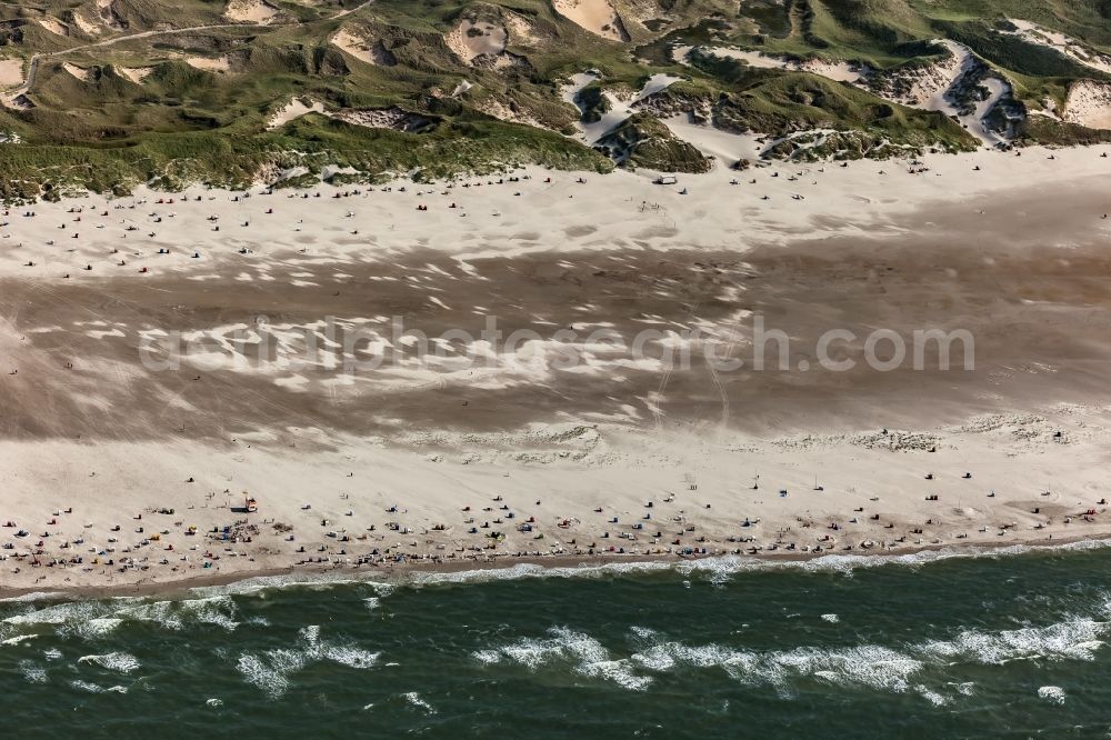 Amrum from above - Beach chair on the sandy beach ranks in the coastal area in Norddorf in Amrum North Friesland in the state Schleswig-Holstein, Germany