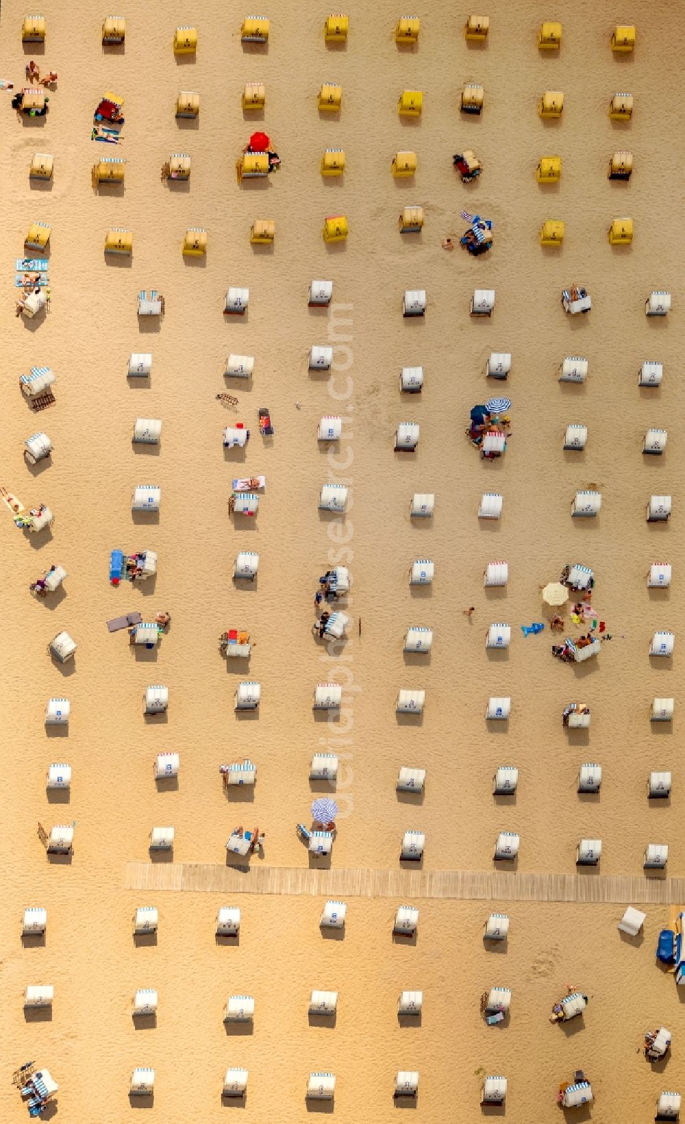 Aerial image Lübeck - Beach chair on the sandy beach ranks in the coastal area of baltic sea near Travemuende in Luebeck in the state Schleswig-Holstein