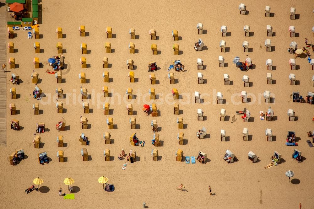 Lübeck from above - Beach chair on the sandy beach ranks in the coastal area of baltic sea near Travemuende in Luebeck in the state Schleswig-Holstein