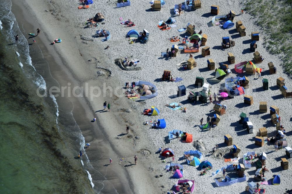 Dierhagen from the bird's eye view: Beach chair on the sandy beach ranks in the coastal area of baltic see in Dierhagen in the state Mecklenburg - Western Pomerania