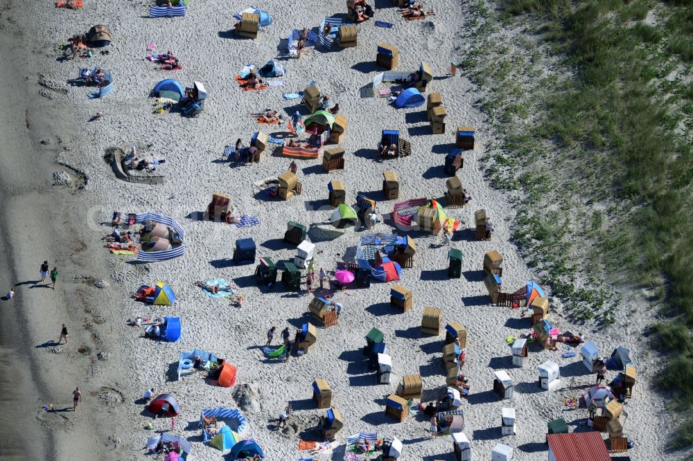 Aerial image Dierhagen - Beach chair on the sandy beach ranks in the coastal area of baltic see in Dierhagen in the state Mecklenburg - Western Pomerania