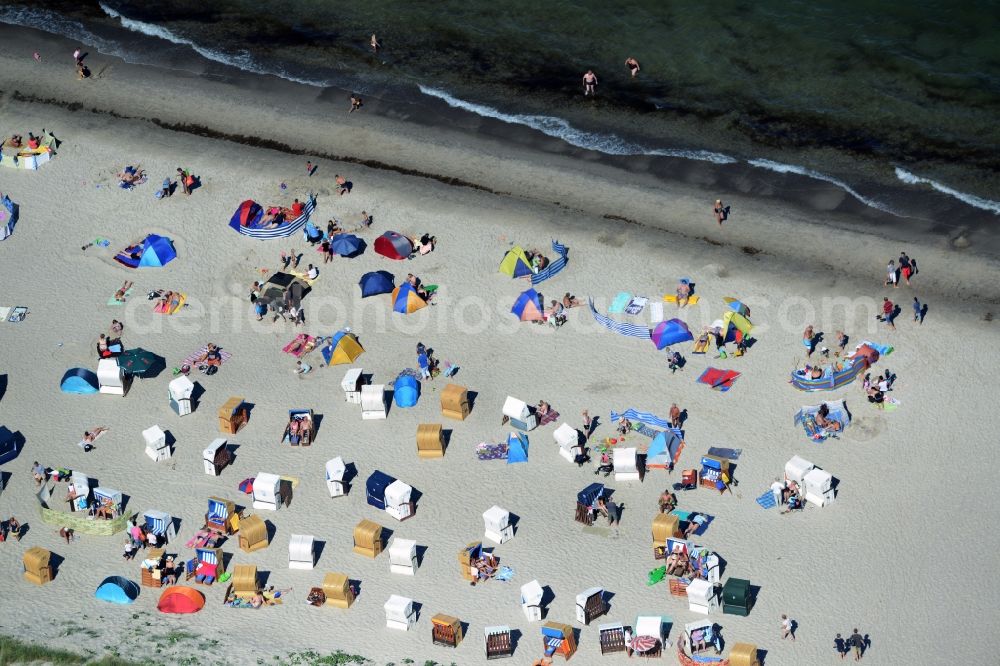 Dierhagen from above - Beach chair on the sandy beach ranks in the coastal area of baltic see in Dierhagen in the state Mecklenburg - Western Pomerania