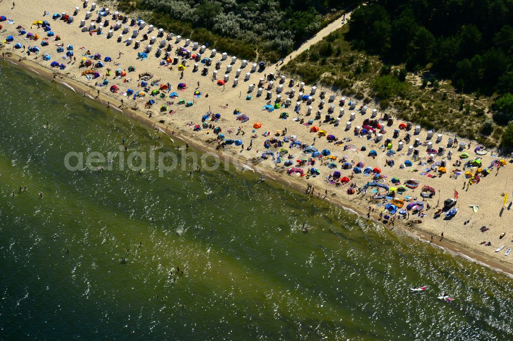 Zinnowitz from the bird's eye view: Beach chair on the sandy beach ranks in the coastal area the Baltic Sea in Zinnowitz in the state Mecklenburg - Western Pomerania
