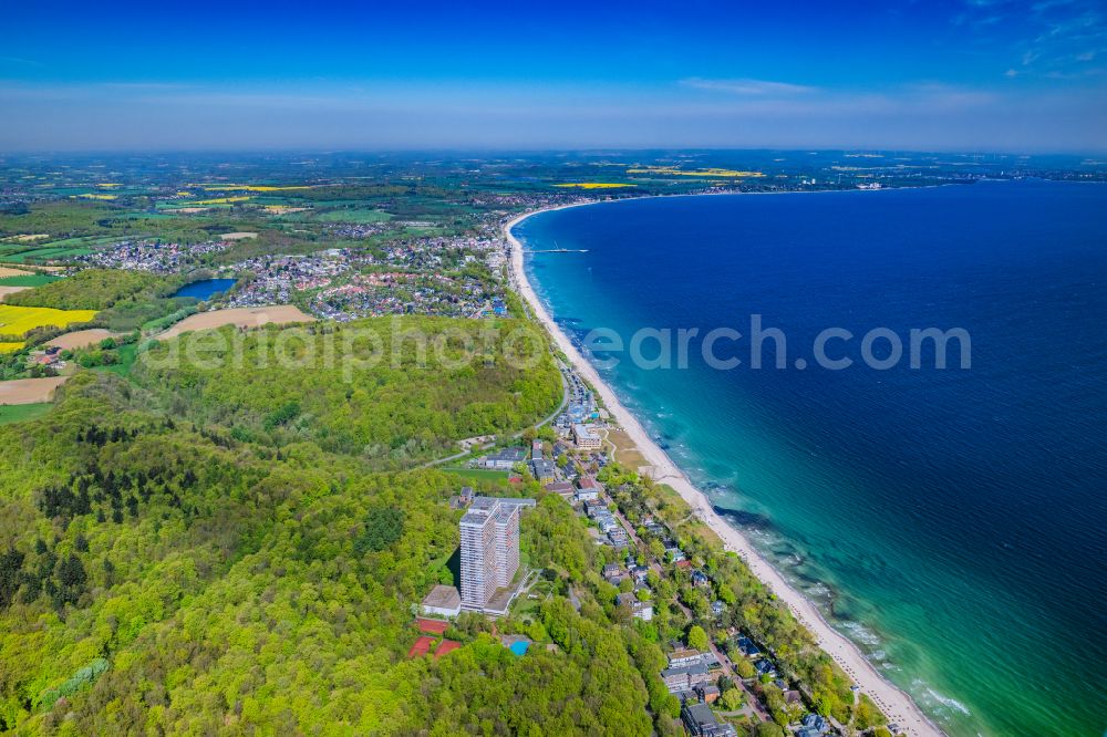 Timmendorfer Strand from above - Beach chair on the sandy beach ranks in the coastal area in Timmendorfer Strand in the state Schleswig-Holstein, Germany