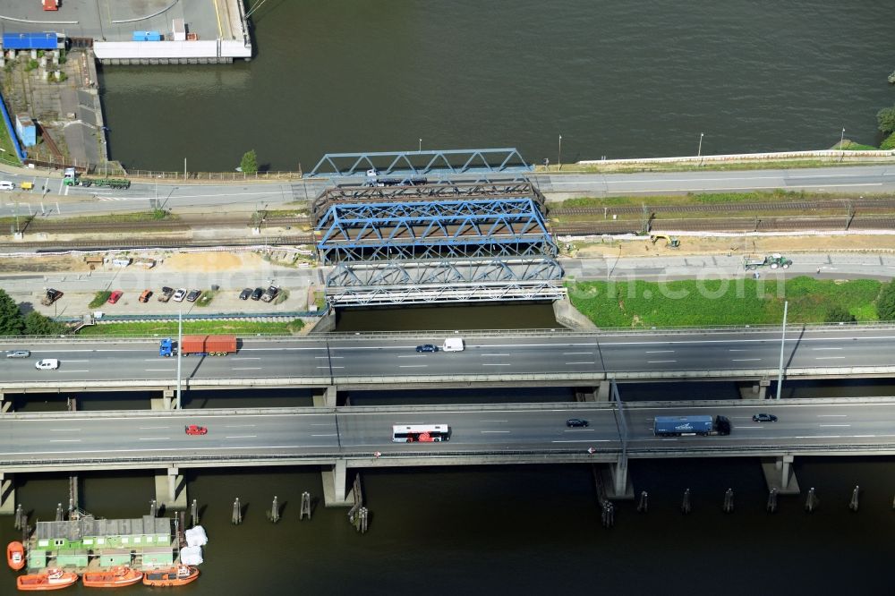 Aerial image Hamburg - Road and rail bridges at the Waltershofer Damm at the BAB A7 motorway E45 in the port area in Hamburg