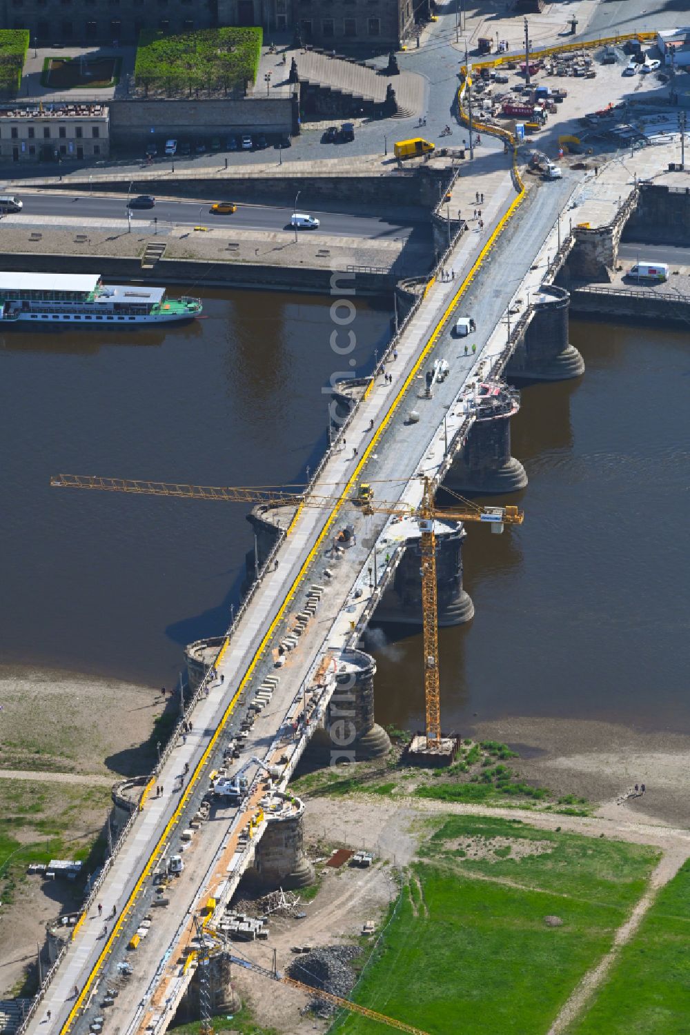 Dresden from above - Road bridge structure Augustus Bridge over the river banks of the Elbe in the district Altstadt in Dresden in the federal state of Saxony, Germany