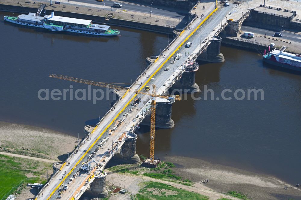 Dresden from the bird's eye view: Road bridge structure Augustus Bridge over the river banks of the Elbe in the district Altstadt in Dresden in the federal state of Saxony, Germany