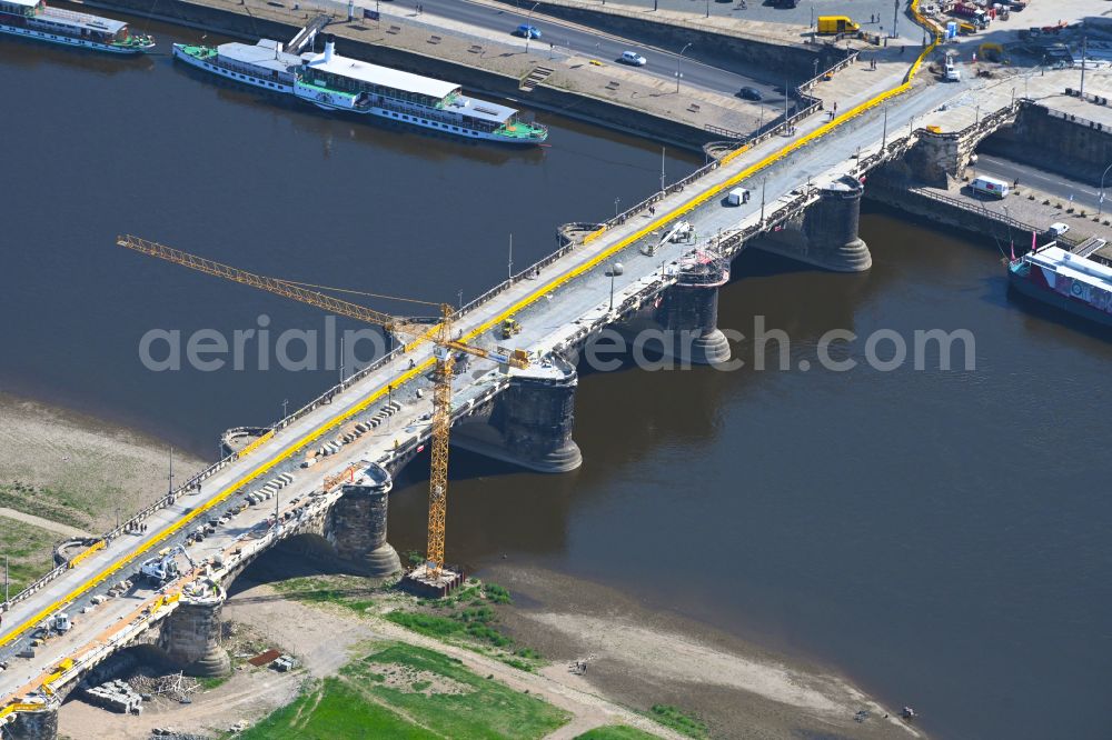 Aerial image Dresden - Road bridge structure Augustus Bridge over the river banks of the Elbe in the district Altstadt in Dresden in the federal state of Saxony, Germany