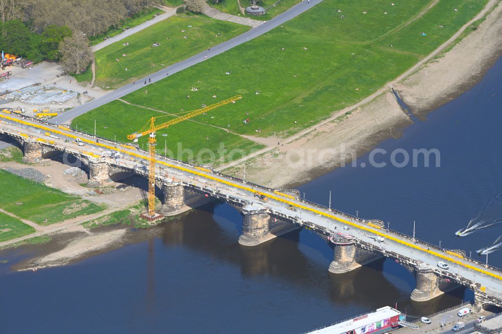 Dresden from above - Road bridge structure Augustus Bridge over the river banks of the Elbe in the district Altstadt in Dresden in the federal state of Saxony, Germany