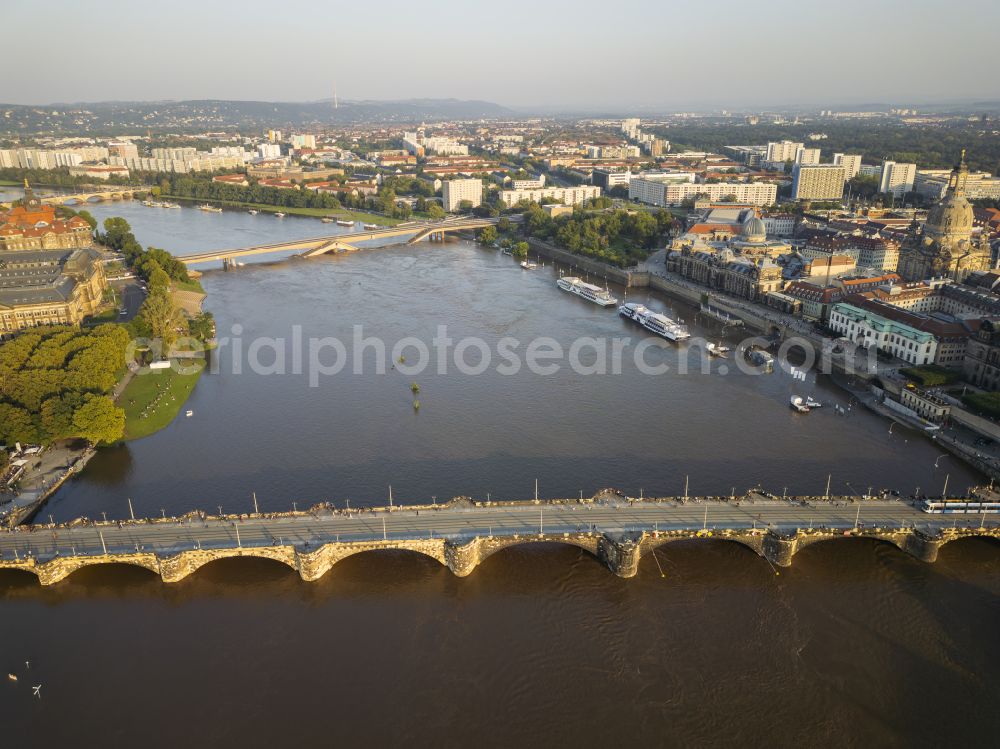 Aerial photograph Dresden - Road bridge structure Augustus Bridge over the river banks of the Elbe in Dresden in the federal state of Saxony, Germany