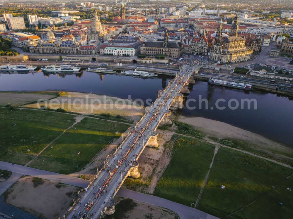 Dresden from the bird's eye view: Road bridge structure Augustus Bridge over the river banks of the Elbe in the district Altstadt in Dresden in the federal state of Saxony, Germany