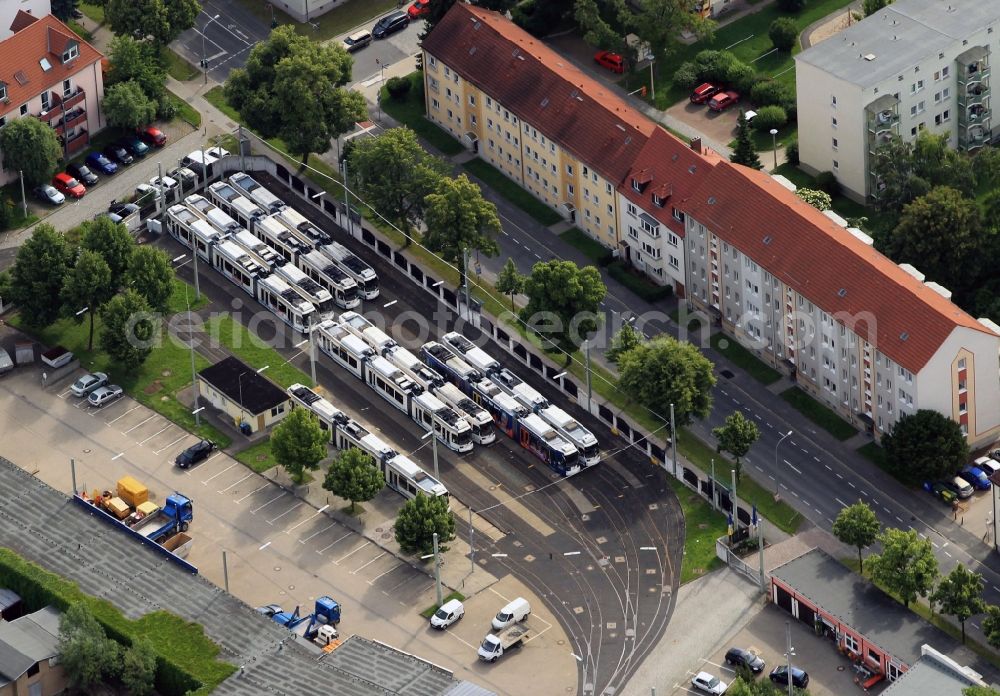 Aerial photograph Jena - The tram depot Clara-Zetkin-Straße in Jena in Thuringia is used in particular as a storage area for the modern low-floor trams transport the Jena GmbH, a subsidiary of Stadtwerke Jena. On the Jena tram tracks are low-floor trains GT6 Series-M-ZR in use that were of AEG, Adtranz and Bombardier Made