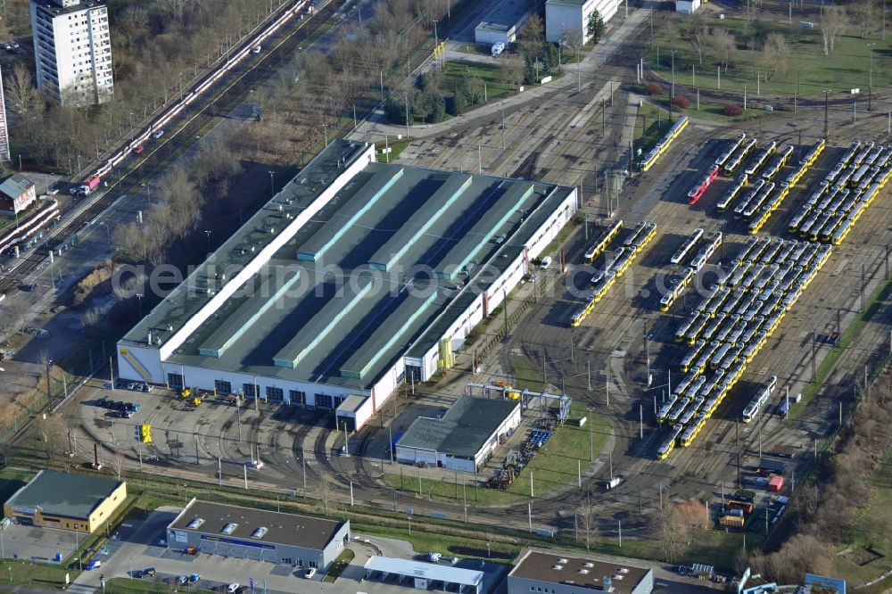 Berlin Marzahn from the bird's eye view: Tram and bus depot of the BVG in Berlin Marzahn