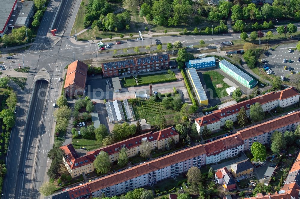 Aerial photograph Erfurt - Tram - Stop Bundesarbeitsgericht of the public transport company Erfurter Verkehrsbetriebe AG in the district Bruehlervorstadt in Erfurt in the state Thuringia, Germany