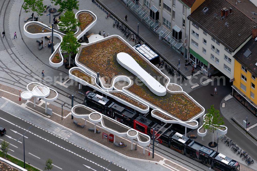 Freiburg im Breisgau from above - Tram - Stop of the public transport company Freiburger Verkehrs AG in Freiburg im Breisgau in the state Baden-Wuerttemberg, Germany