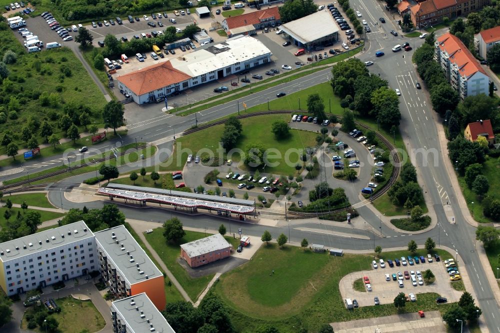 Erfurt from the bird's eye view: On Europe Square, at the intersection of Nordhaeuser Street and Ulan Bator Street in Erfurt in Thuringia is a turning loop SWE Stadtwerke Erfurt GmbH. Here is the northern terminus of the tram lines 1 and 3