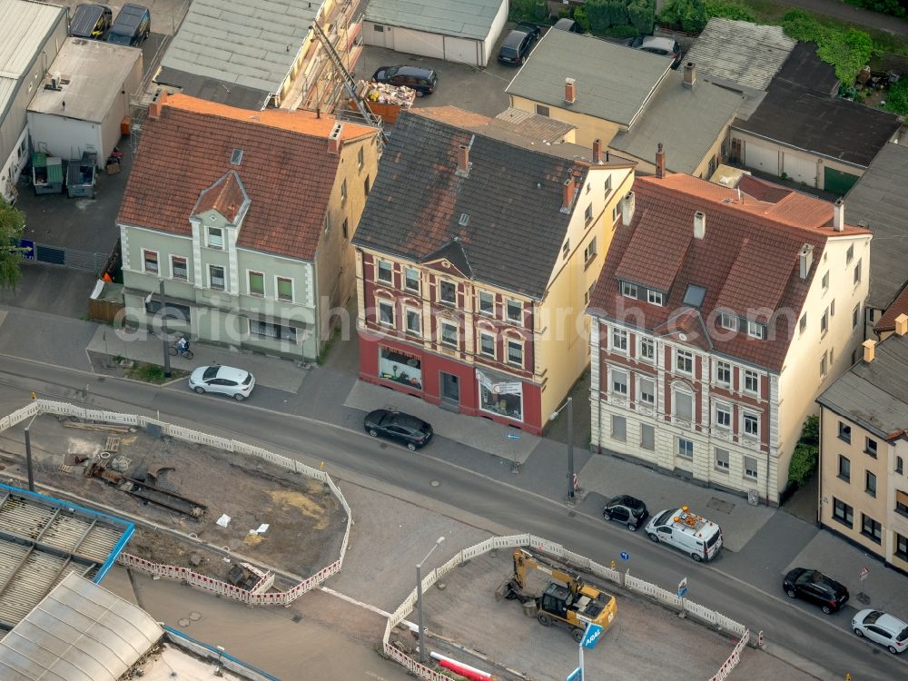 Aerial image Bochum - Tramways of line 310 in the route network of Bochum-Gelsenkirchener Strassenbahnen AG (Bogestra)and renovation of power lines in the Hauptstrasse B235 in Bochum in North Rhine-Westphalia, Germany