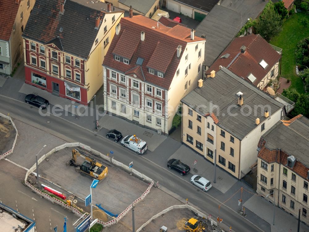 Aerial photograph Bochum - Tramways of line 310 in the route network of Bochum-Gelsenkirchener Strassenbahnen AG (Bogestra)and renovation of power lines in the Hauptstrasse B235 in Bochum in North Rhine-Westphalia, Germany