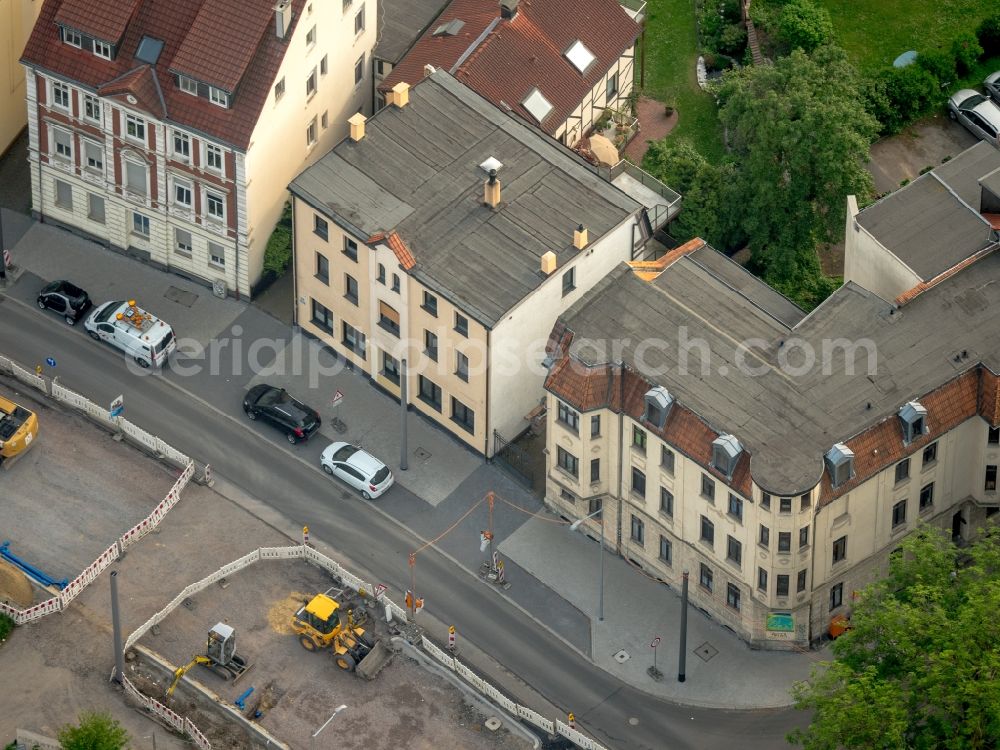 Aerial photograph Bochum - Tramways of line 310 in the route network of Bochum-Gelsenkirchener Strassenbahnen AG (Bogestra)and renovation of power lines in the Hauptstrasse B235 in Bochum in North Rhine-Westphalia, Germany