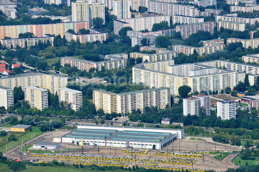 Aerial photograph Berlin - Straßenbahndepot / Straßenbahn-Betriebshof an der Landsberger Allee in Berlin-Marzahn. Depot / railway yard in Berlin-Marzahn.