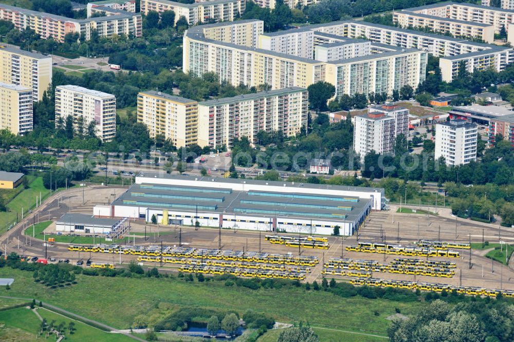 Berlin from above - Straßenbahndepot / Straßenbahn-Betriebshof an der Landsberger Allee in Berlin-Marzahn. Depot / railway yard in Berlin-Marzahn.