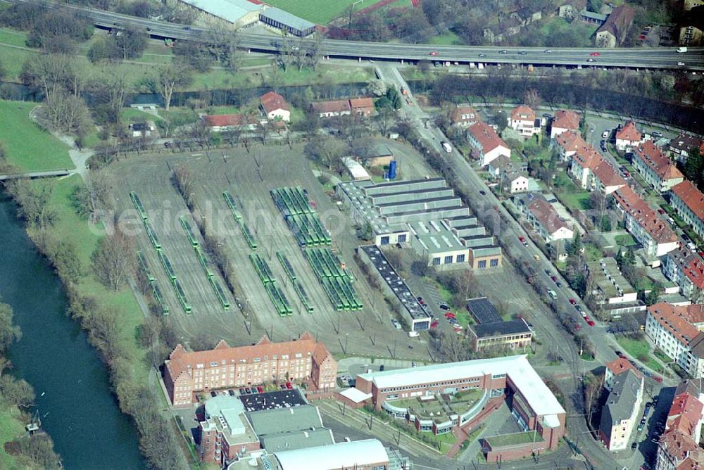 Hannover from the bird's eye view: Straßenbahndepot der üstra Hannoversche Verkehrsbetriebe AG Stabsbereich Public Relations,Postfach 25 40,30025 Hannover Telefon (05 11) 16 68-0,Telefax (05 11) 16 68-26 66 Udo Iwannek ,Tel. (0511) 1668-2519,Fax (0511) 1668-2419 Email: internet@uestra.de