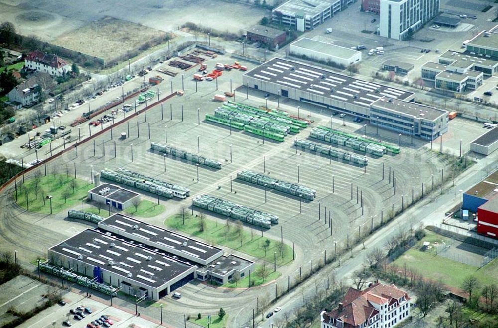 Aerial image Hannover - Straßenbahndepot der üstra Hannoversche Verkehrsbetriebe AG Stabsbereich Public Relations,Postfach 25 40,30025 Hannover Telefon (05 11) 16 68-0,Telefax (05 11) 16 68-26 66 Udo Iwannek ,Tel. (0511) 1668-2519,Fax (0511) 1668-2419 Email: internet@uestra.de