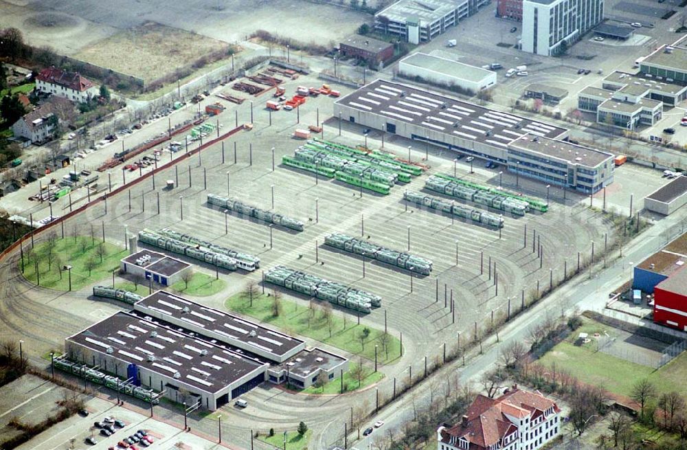 Aerial photograph Hannover - Straßenbahndepot der üstra Hannoversche Verkehrsbetriebe AG Stabsbereich Public Relations,Postfach 25 40,30025 Hannover Telefon (05 11) 16 68-0,Telefax (05 11) 16 68-26 66 Udo Iwannek ,Tel. (0511) 1668-2519,Fax (0511) 1668-2419 Email: internet@uestra.de