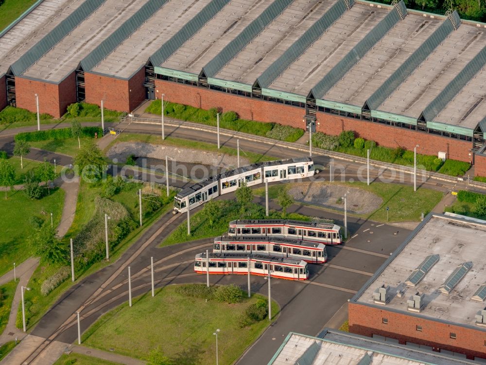 Aerial image Bochum - Trams and buildings on the site of the depot Engelsburg of the Bochum-Gelsenkirchener Strassenbahnen Aktiengesellschaft (BOGESTRA) in Bochum in the state North Rhine-Westphalia, Germany