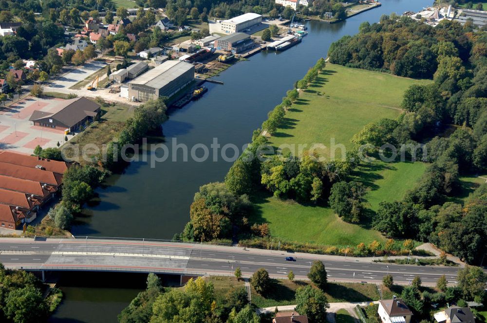 GENTHIN from the bird's eye view: Blick auf die Straßenbrücke Genthin. Die Brücke wurde im Jahr 1999 erbaut und ist eine Überführung der Bundsstraße 107 über den Elbe-Havel-Kanal bei km 362,352.