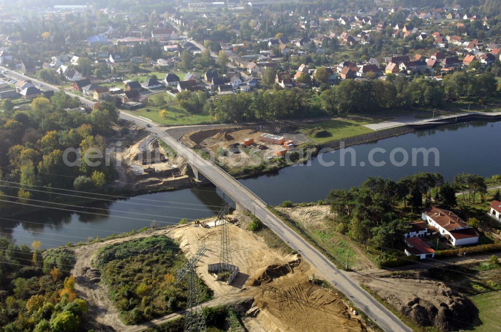 Wusterwitz from above - Blick auf die Strassenbrücke / Brücke Wusterwitz mit der darüber führenden Landstrasse 96 mit Baustelle nahe der Schleuse Wusterwitz. Ein Projekt des Wasserstraßen-Neubauamt Magdeburg, Frau Roskoden, Kleiner Werder 5c, 39114 MAGDEBURG, Tel. +49(0)391 5352168