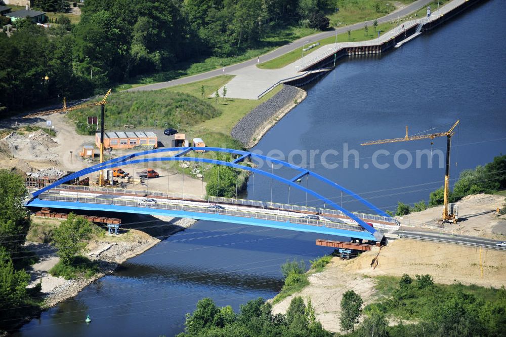 Wusterwitz from above - Blick auf die Straßenbrücke zwischen Wusterwitz und Bensdorf über den Elbe-Havel-Kanal westlich des Wendsee in Brandenburg. View of the road bridge between Wusterwitz and Bensdorf on the Elbe-Havel canal west of Wendsee in Brandenburg.