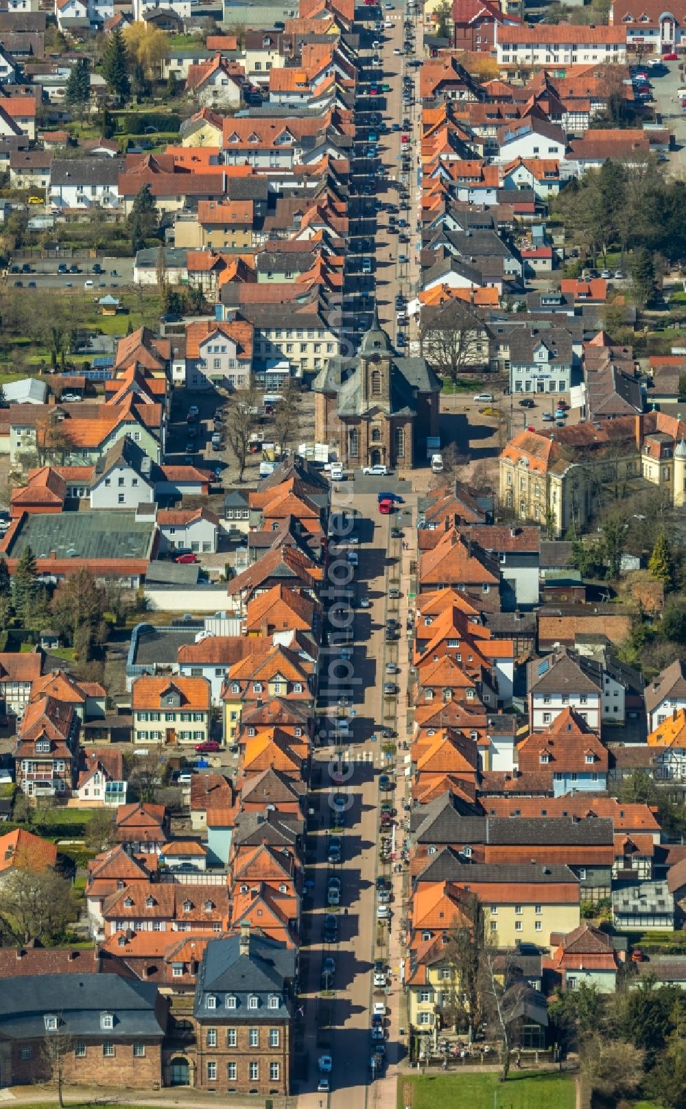 Bad Arolsen from above - Street guide of famous promenade and shopping street Bahnhofstrasse - Kirchplatz in Bad Arolsen in the state Hesse, Germany