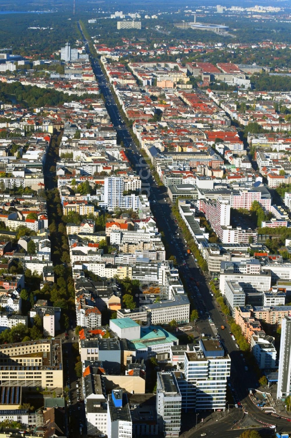 Berlin from the bird's eye view: Street guide of famous promenade and shopping street Bismarckstrasse in the district Charlottenburg in Berlin, Germany