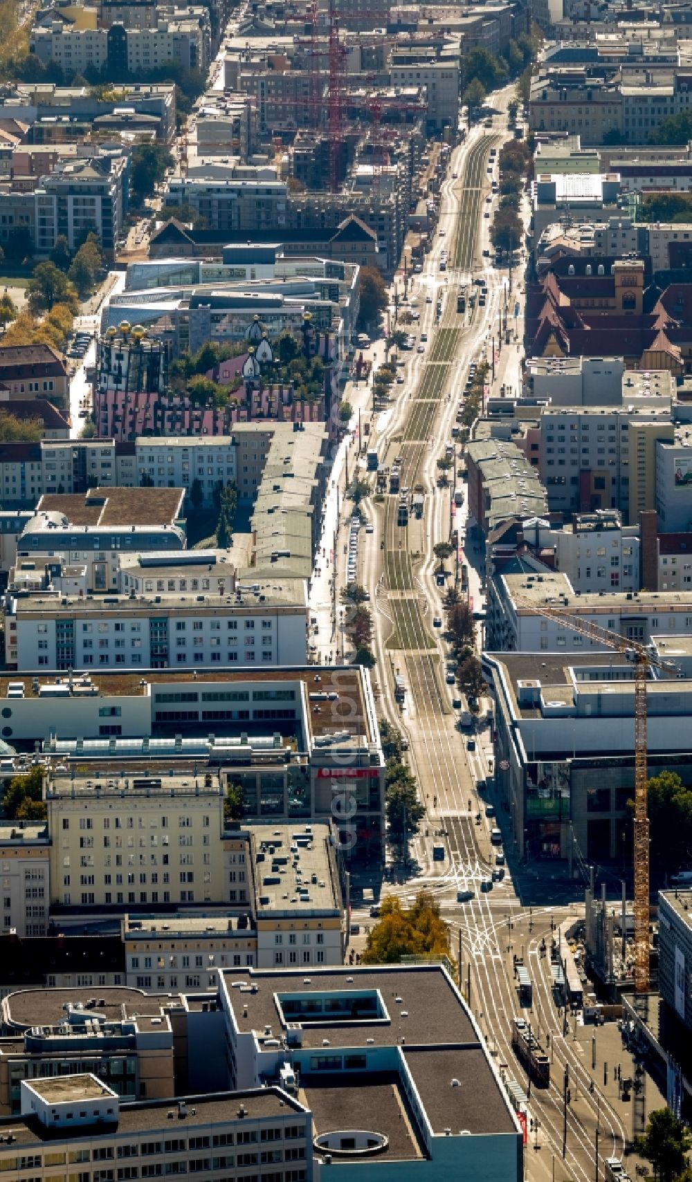 Aerial image Magdeburg - Street guide of famous promenade and shopping street Breiter Weg in Magdeburg in the state Saxony-Anhalt, Germany