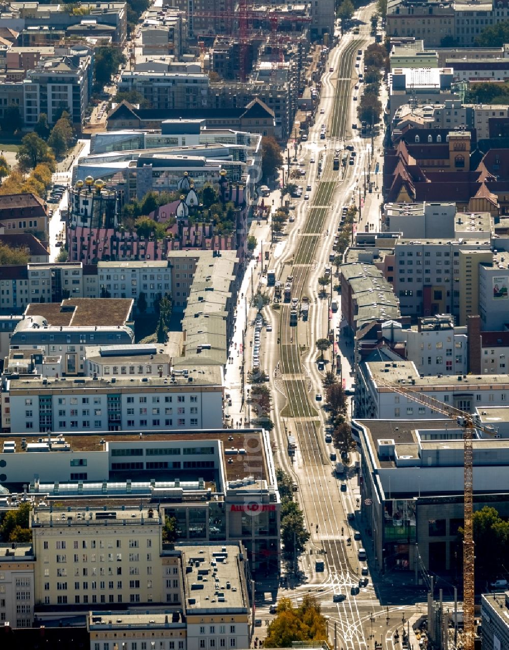 Aerial photograph Magdeburg - Street guide of famous promenade and shopping street Breiter Weg in Magdeburg in the state Saxony-Anhalt, Germany