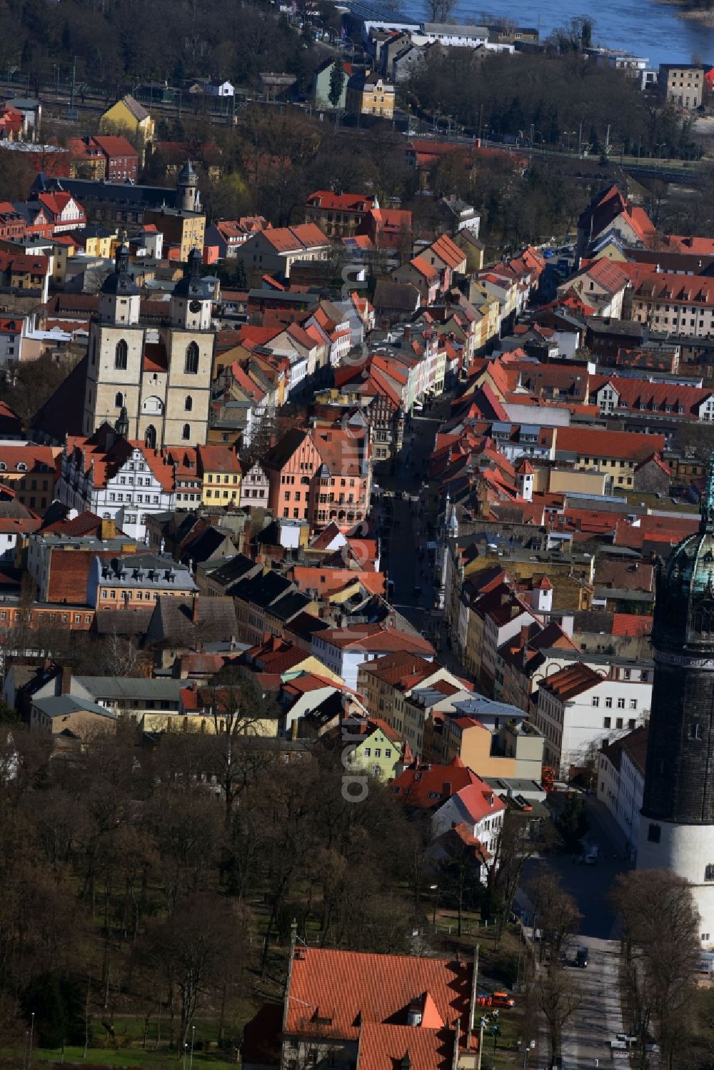 Aerial image Lutherstadt Wittenberg - Street guide of famous promenade and shopping street Coswiger Strasse - Markt - Schlosstrasse - Collegienstrasse in Lutherstadt Wittenberg in the state Saxony-Anhalt