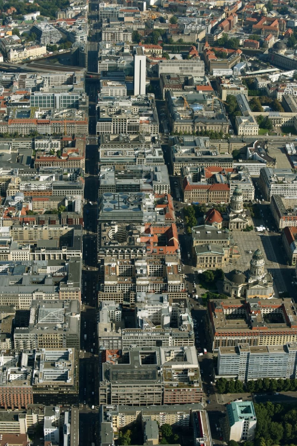 Berlin from above - Street guide of famous promenade and shopping street Friedrichstrasse - Charlottenstrasse in the district Mitte in Berlin, Germany