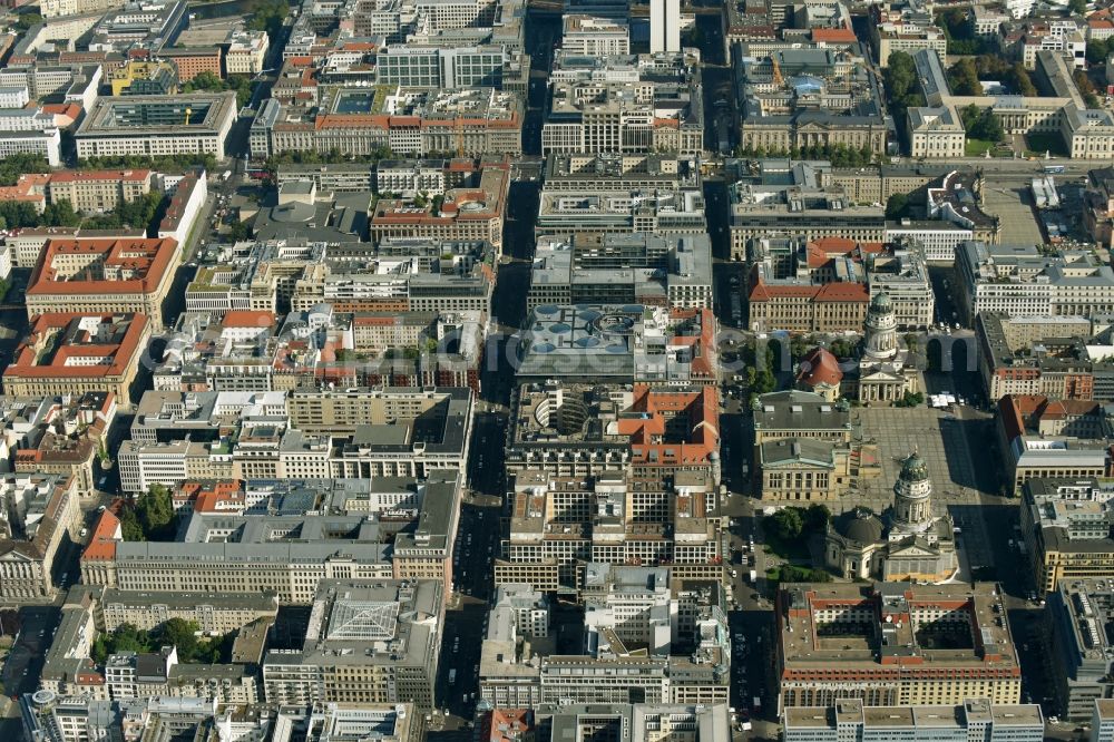 Aerial image Berlin - Street guide of famous promenade and shopping street Friedrichstrasse - Charlottenstrasse in the district Mitte in Berlin, Germany