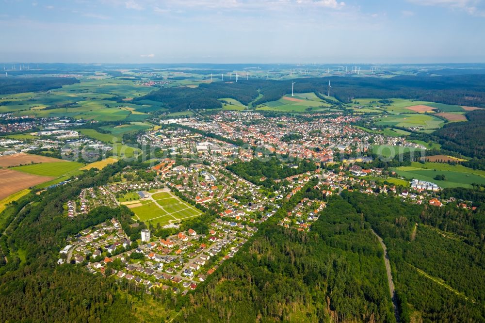 Bad Arolsen from the bird's eye view: Street guide of famous promenade and shopping street Schlossstrasse in Bad Arolsen in the state Hesse, Germany