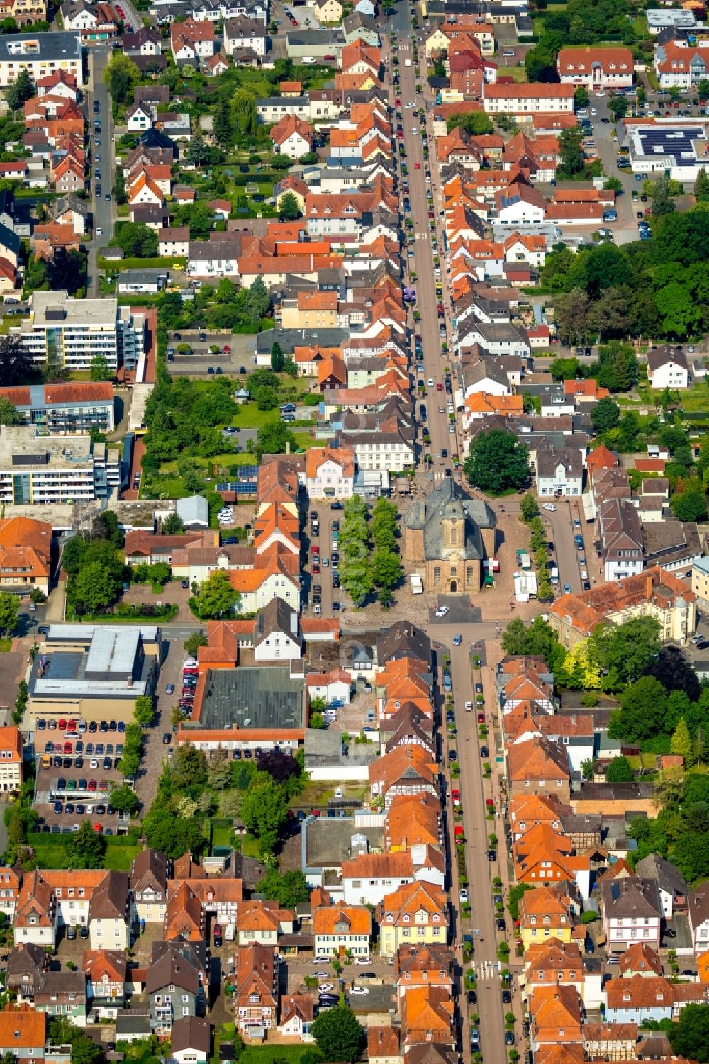 Bad Arolsen from above - Street guide of famous promenade and shopping street Schlossstrasse in Bad Arolsen in the state Hesse, Germany