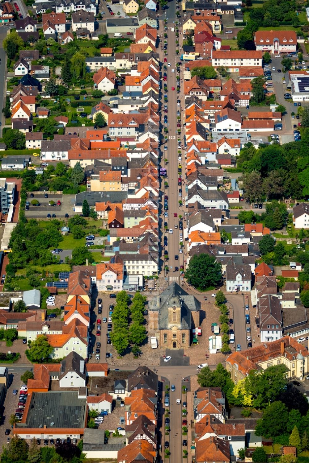 Aerial image Bad Arolsen - Street guide of famous promenade and shopping street Schlossstrasse in Bad Arolsen in the state Hesse, Germany