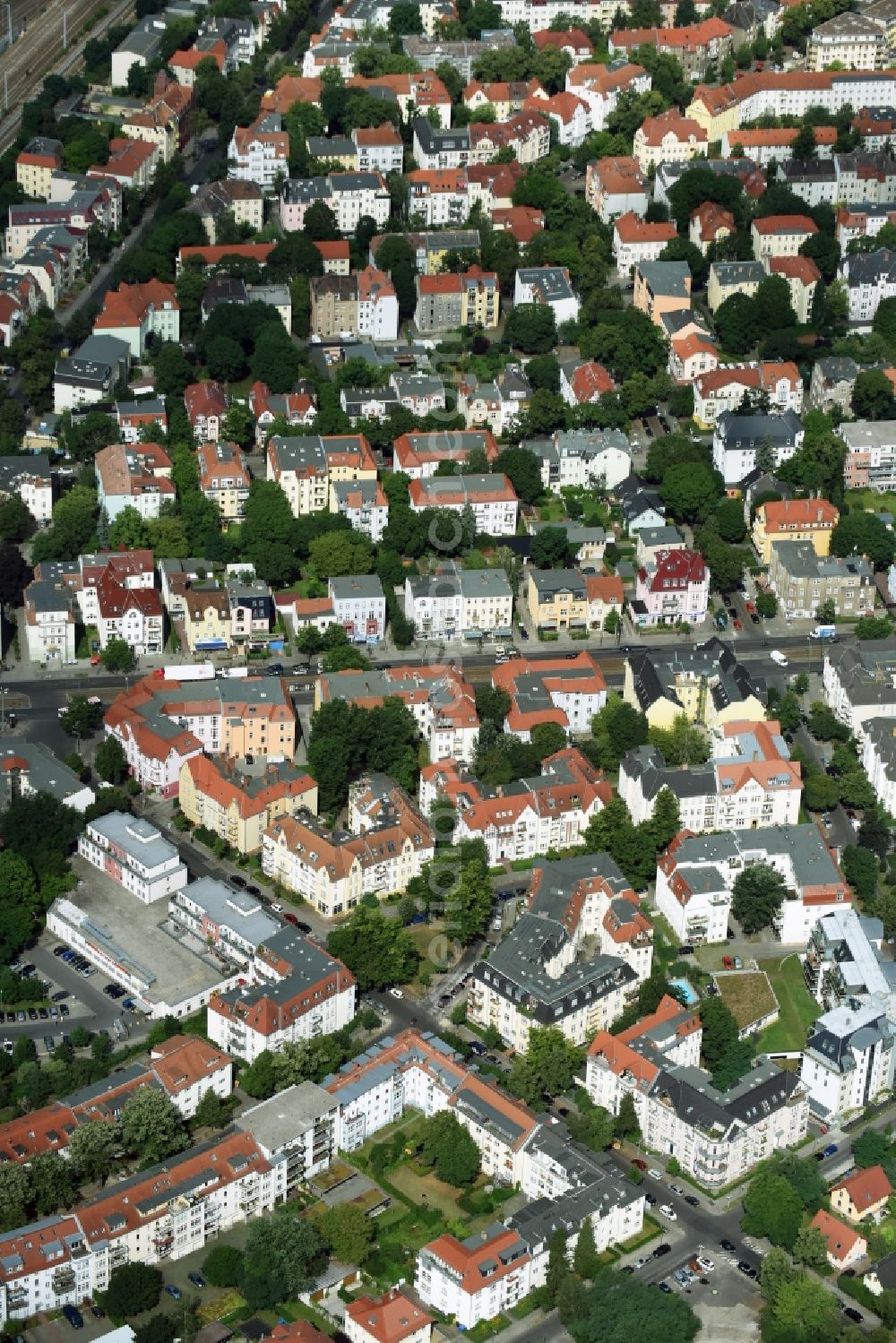 Berlin from above - Street guide of famous promenade and shopping street Treskowallee on train station Karlshorst in Berlin