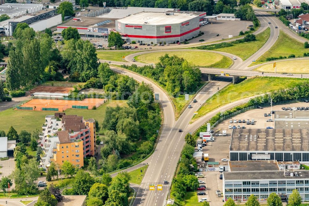 Offenburg from the bird's eye view: Street - road guidance of Bundestrasse 3 in Offenburg in the state Baden-Wuerttemberg, Germany