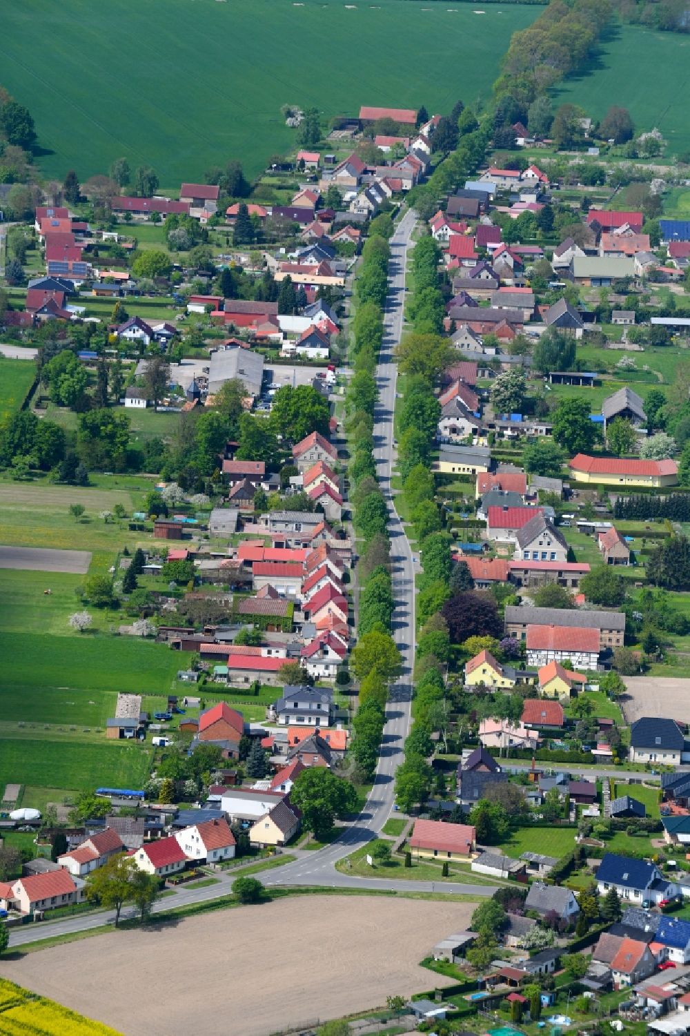 Märkisch Linden from the bird's eye view: Street - road guidance of Dorfstrasse in Maerkisch Linden in the state Brandenburg, Germany