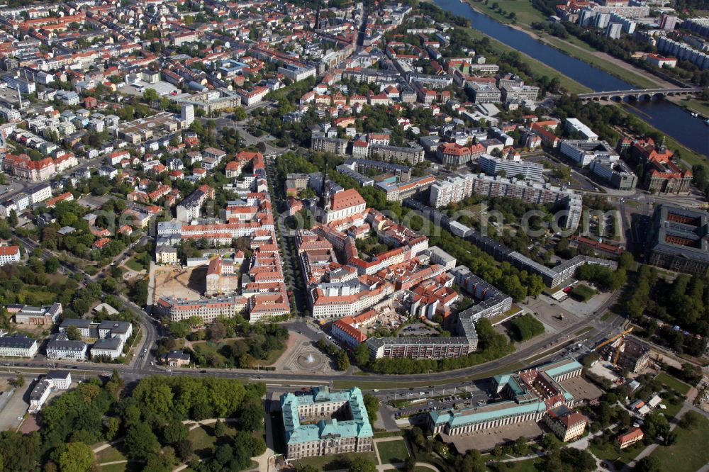 Aerial image Dresden - street guide of famous promenade and shopping street on street Koenigstrasse in the district Innere Neustadt in Dresden in the state Saxony, Germany