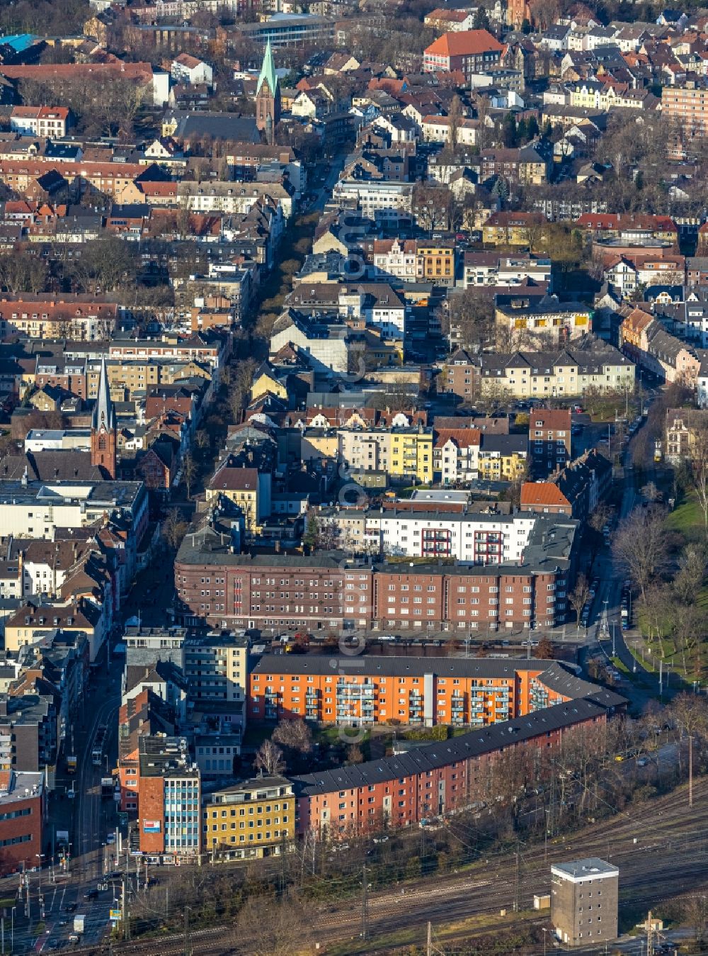 Herne from above - Street guide of famous promenade and shopping street Hauptstrasse in the district Wanne-Eickel in Herne in the state North Rhine-Westphalia, Germany